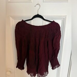 Love Shack Fancy Sheer Off-Shoulder, Smocked Peasant Top - Burgundy, Size Small.